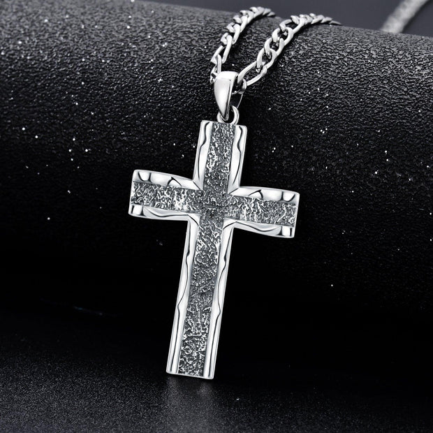 925 Sterling Silver Cross Pendant with Stainless Steel Figaro Chain Oxidized Cross Necklace Christian Jewelry - JNR Products