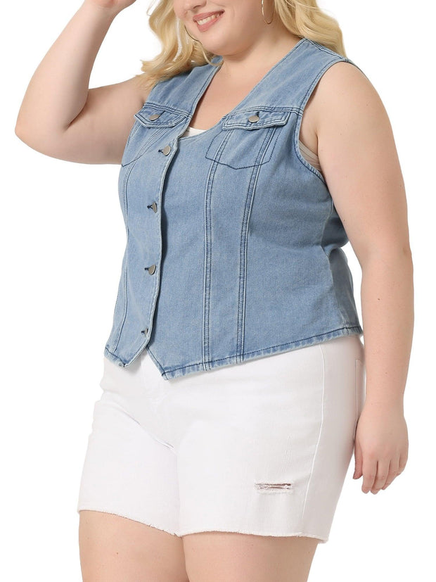 Agnes Orinda Plus Size Denim Jackets for Women Sleeveless Utility with Pocket Jean Denim Vests - JNR Products