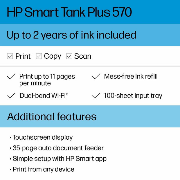 HP Smart Tank Plus 570 Wireless Color All-in-One Ink Tank Printer with up to 2 Years of Ink Included - JNR Products