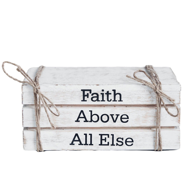 VHC Brands Faith Above All Else Faux Book Stack 2.5x6x4, Religious Decor, Dining Room Entry Living Room Figurine , Painted, Risen Collection, Rectangle 2.5x6, Faith Above All Else, Whitewash - JNR Products