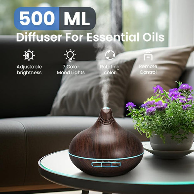 Noahstrong 500ml Essential Oil Diffuser with 8*10ml Nature Essential Oils Set, Woodgrain Aromatherapy Fragrant Oil Air Humidifier with Remote Control for Large Room Bedroom Office Car SPA Yoga - JNR Products