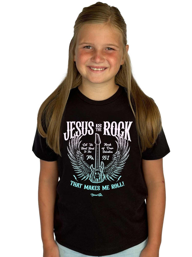 Blessed Girl Kids T-Shirt - Jesus Is The Rock - Black - Small - JNR Products