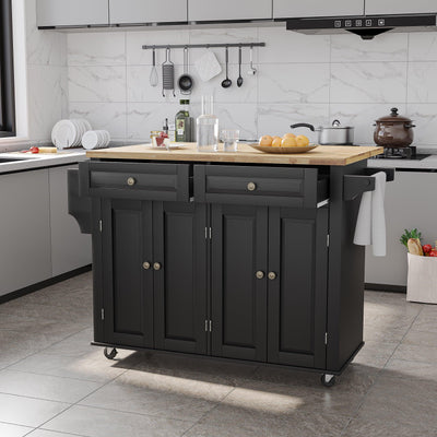 CAIDI Rolling Kitchen Island with Drop Leaf, Kitchen Cart with Rubber wood Countertop, Lockable Casters, Adjustable Shelves, Matte(Black-51.2"x29.5"x35.8") - JNR Products