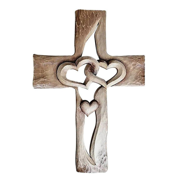 Carved Wooden Cross Intertwined Hearts, Wooden Love Cross, Wall Hanging Hand Carved Wood Cross for Home Living Room Decor - JNR Products