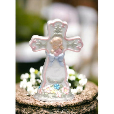 Ceramic Cross with Praying Girl Figurine Religious Decor Religious Gift Church Decor - JNR Products