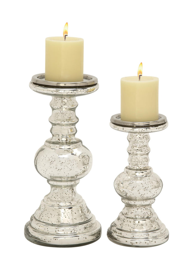 DecMode Traditional Squat Style Glass Pillar Candle Holder with Silver Speckle Finish, Set of 2 9", 12"H - JNR Products