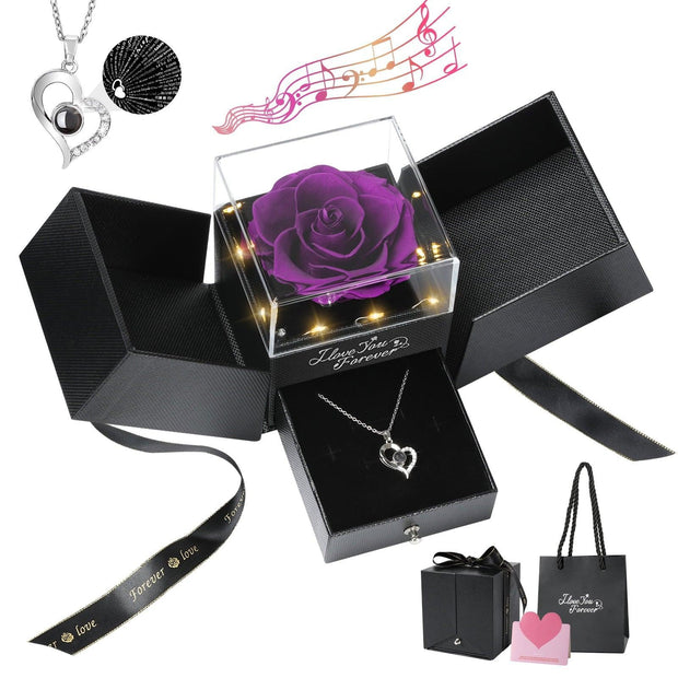 Emibele Preserved Rose Flower with Heart Necklace, Eternal Purple Real Rose with Music LED Lights for Her Women Wife Grandma Anniversary Birthday Romantic Valentines Mothers Day Gifts, Purple - JNR Products