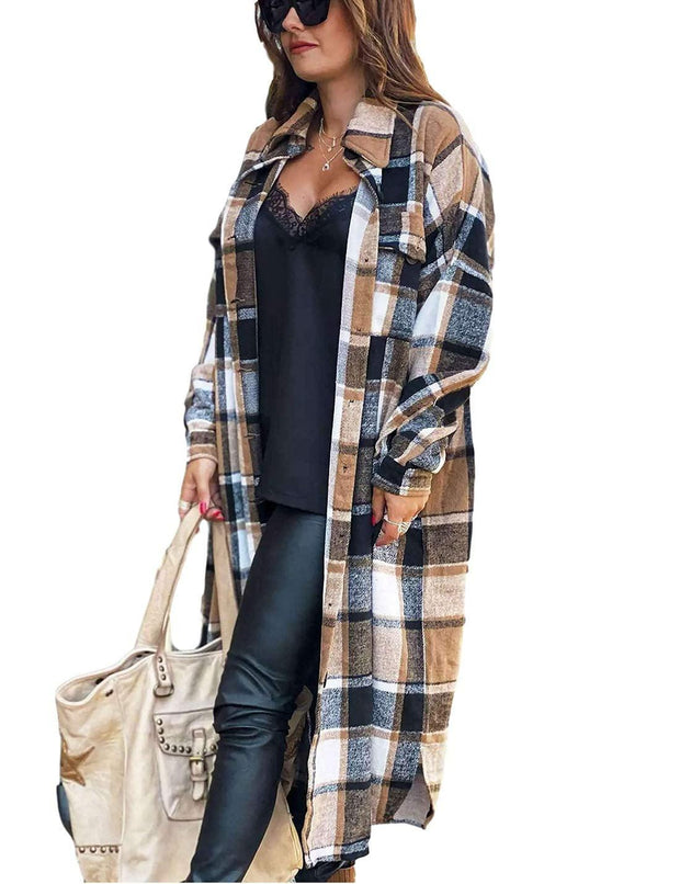 Fantaslook Flannel Shirts for Women Button Up Plaid Shirt Long Pocketed Shacket Jacket Coat - JNR Products