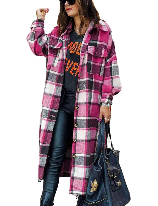 Fantaslook Flannel Shirts for Women Button Up Plaid Shirt Long Pocketed Shacket Jacket Coat - JNR Products