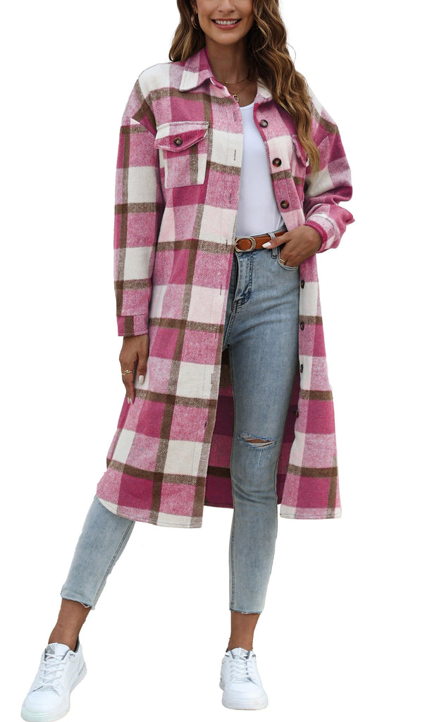 Fantaslook Flannel Shirts for Women Button Up Plaid Shirt Long Pocketed Shacket Jacket Coat - JNR Products