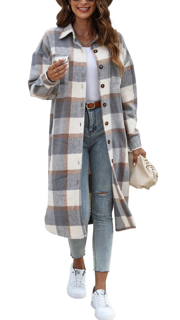 Fantaslook Flannel Shirts for Women Button Up Plaid Shirt Long Pocketed Shacket Jacket Coat - JNR Products