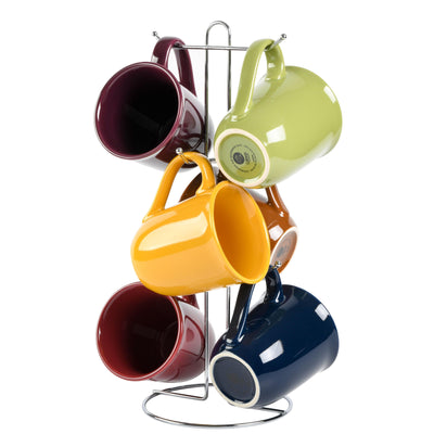 Gibson Home Everyday Contempo Hues Assorted Ceramic 15-Ounce Mug Set with Rack, Set of 6 - JNR Products