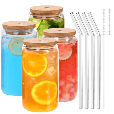 Gijjgole Drinking Glasses with Bamboo Lids and Straws 4pcs, Glass Cups Set, 16oz Beer Can Shaped Glasses, Iced Coffee Cups, Cute Tumbler Cup, for Whiskey, Wine Cocktail Boba Tea Gift - JNR Products