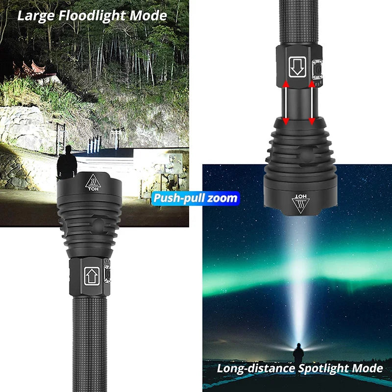 LED Flashlight High Lumens Zoomable Rechargeable Power Display Powerful