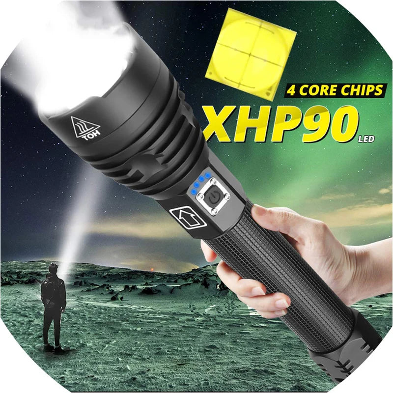 LED Flashlight High Lumens Zoomable Rechargeable Power Display Powerful