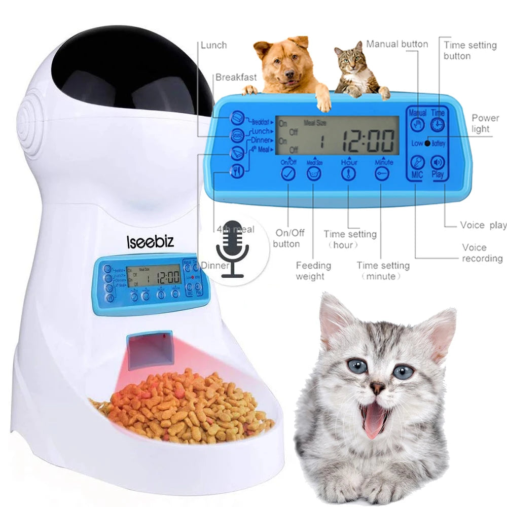 Iseebiz 3L Automatic Pet Feeder With Voice Record Pets Food Bowl For Medium Small Dog Cat