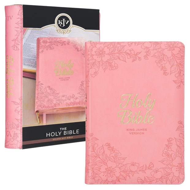 KJV Holy Bible, Standard Size Faux Leather Red Letter Edition Thumb Index, Ribbon Marker, King James Version, Pink Floral Zipper Closure - JNR Products