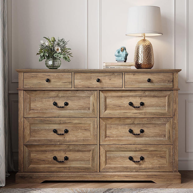 LINSY HOME Dresser for Bedroom, Long Dresser with 6 Drawers and Antique Handles, Chest of Drawers for Living Room, Entryway and Hallway, Rustic Oak - JNR Products