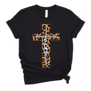 Love in Faith | Faith Cross Short Sleeve | Black Leopard | Christian T-Shirts for Women | Faith Based Apparel |Christian Gifts - JNR Products