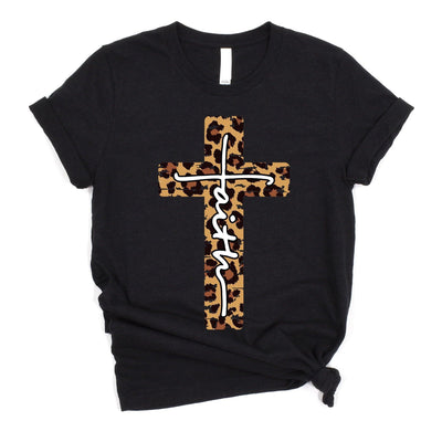 Love in Faith | Faith Cross Short Sleeve | Black Leopard | Christian T-Shirts for Women | Faith Based Apparel |Christian Gifts - JNR Products