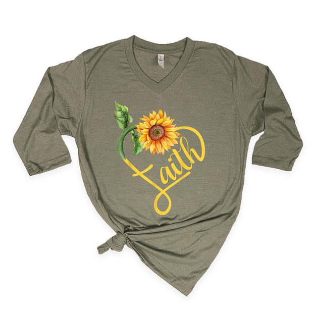 Love in Faith | Faith Sunflower 3/4 Sleeve V-Neck | Christian T-Shirts for Women | Faith-Based Apparel | Christian Gifts | Heather Olive | 3XL - JNR Products