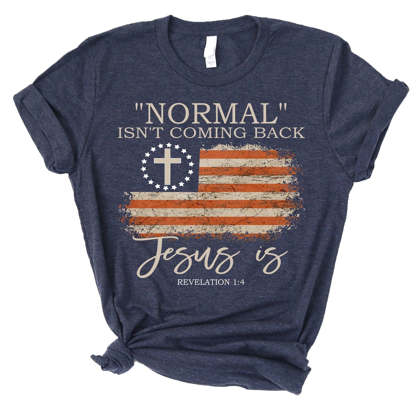 Love in Faith | Normal Isn't Comig Back Short Sleeve | Heather Navy | Christian T-Shirts for Women | Faith Based Apparel |Christian Gifts - JNR Products