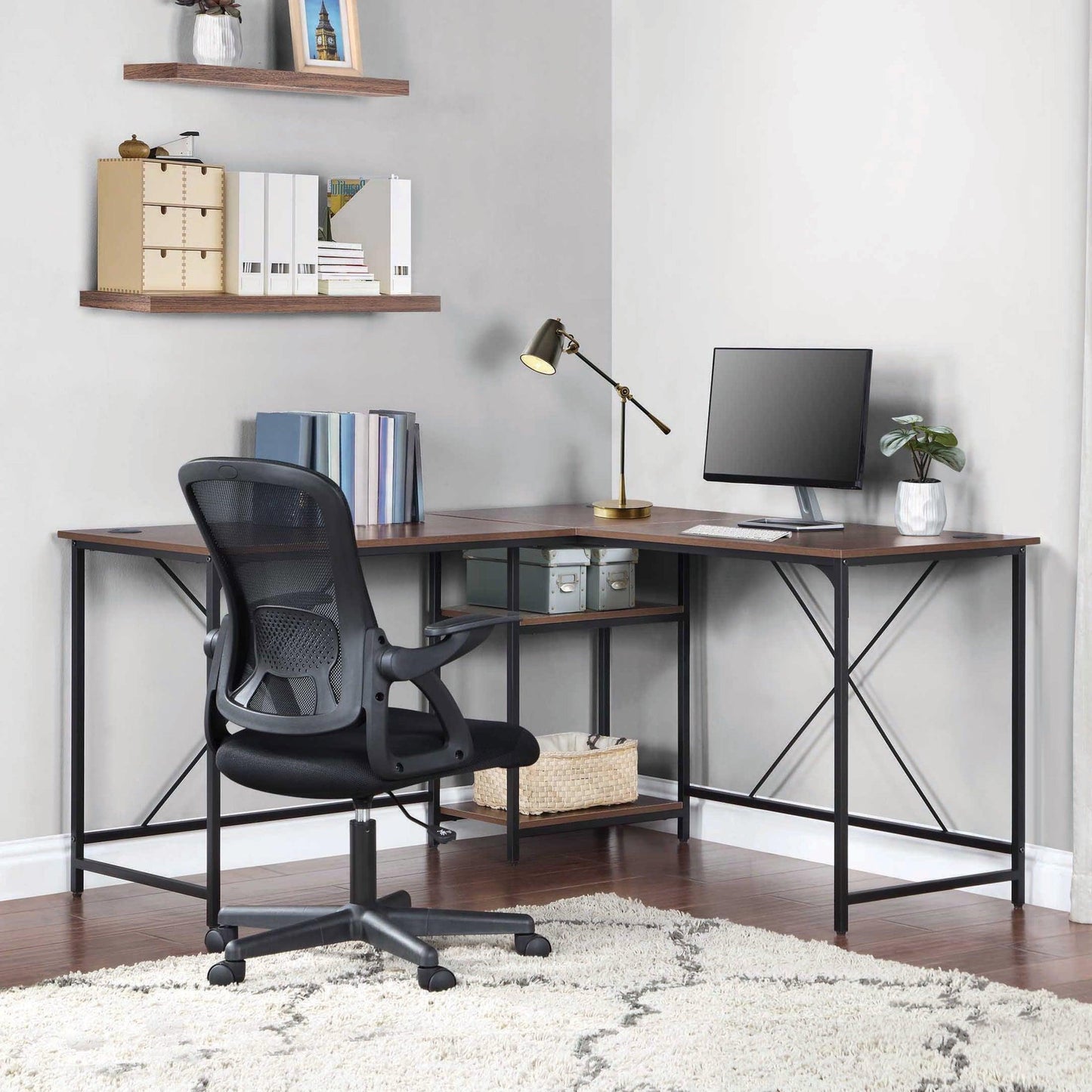 Mainstays Two-Way Convertible Desk with Lower Storage Shelf, Black Wood Grains Finish and Black Metal Frame - JNR Products