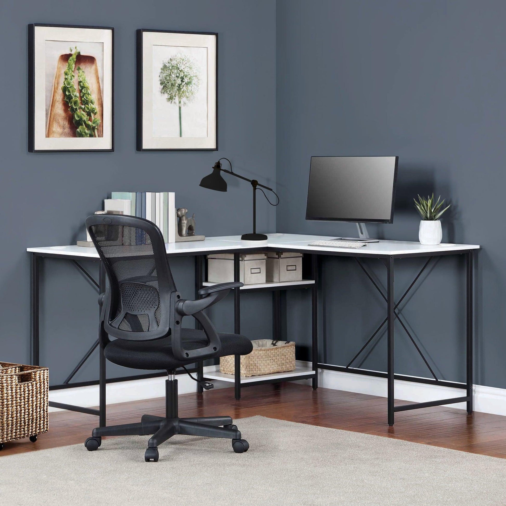 Mainstays Two-Way Convertible Desk with Lower Storage Shelf, Black Wood Grains Finish and Black Metal Frame - JNR Products