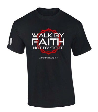 Mens Christian Shirt Walk By Faith Not By Sight 2 Corinthians 5:7 Scripture American Flag Sleeve T-shirt Graphic Tee-Black-6xl - JNR Products