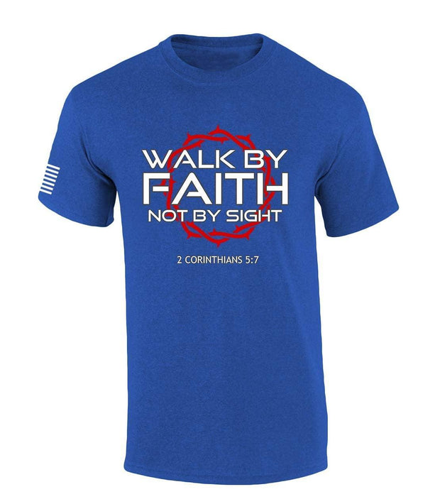 Mens Christian Shirt Walk By Faith Not By Sight 2 Corinthians 5:7 Scripture American Flag Sleeve T-shirt Graphic Tee-Black-6xl - JNR Products