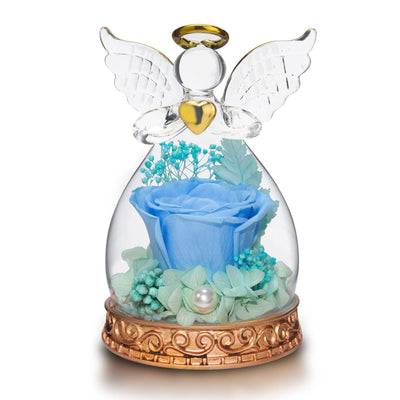 Mom Grandma Gift on Mother's Day, Preserved Real Rose in Angel Glass Dome with LED Lights Angel Gifts for Thanksgiving Birthday Anniversary Wedding Valentine's Day (Light Blue) - JNR Products