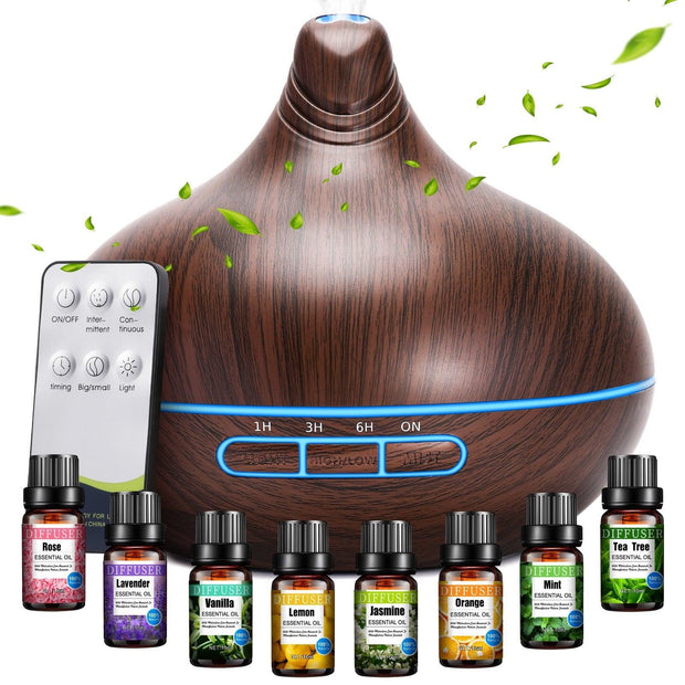 Noahstrong 500ml Essential Oil Diffuser with 8*10ml Nature Essential Oils Set, Woodgrain Aromatherapy Fragrant Oil Air Humidifier with Remote Control for Large Room Bedroom Office Car SPA Yoga - JNR Products