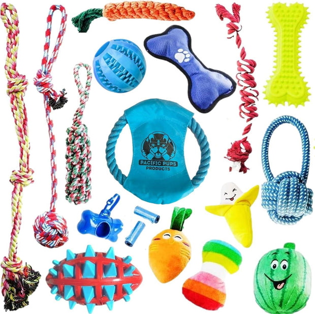 Pacific Pups - 18 Pack Dog Chew Toys - Puppy Toys - Dog Rope Toys Dog Plush - JNR Products