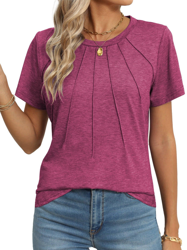 Rosvigor Blouses for Women Short Sleeve Shirts Casual Dressy Summer Tops with Pleats - JNR Products