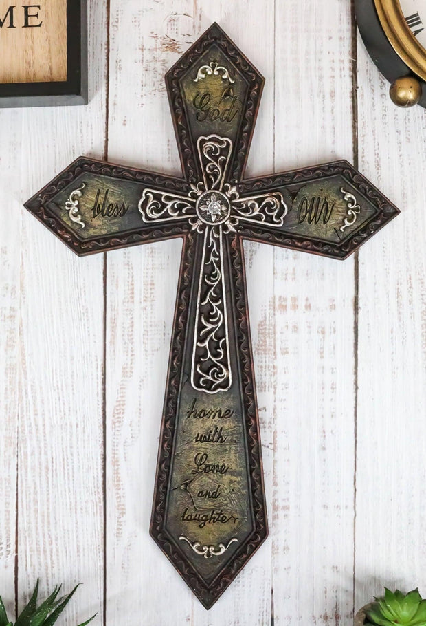 Rustic Western God Bless Our Home With Love And Laughter Scroll Art Wall Cross - JNR Products