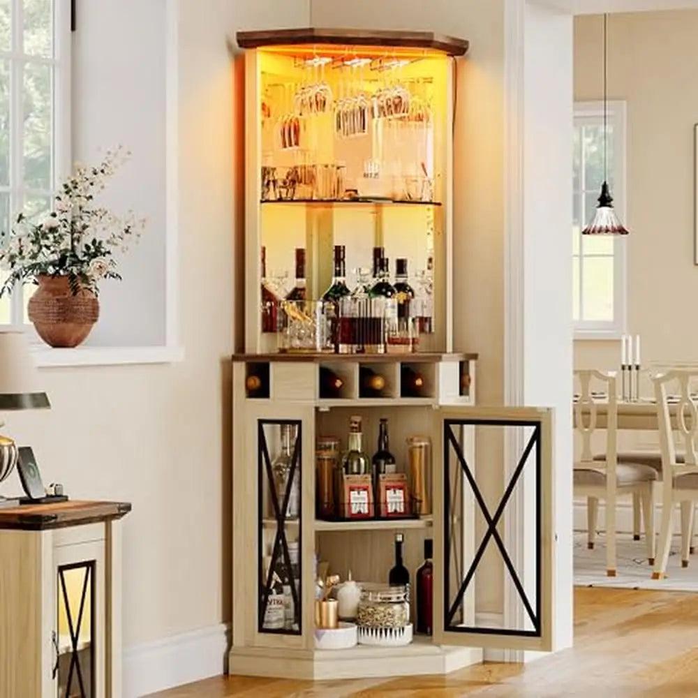 Rustic Corner Bar Cabinet LED Lights Adjustable Shelves Home Wine Storage Glass Door - JNR Products