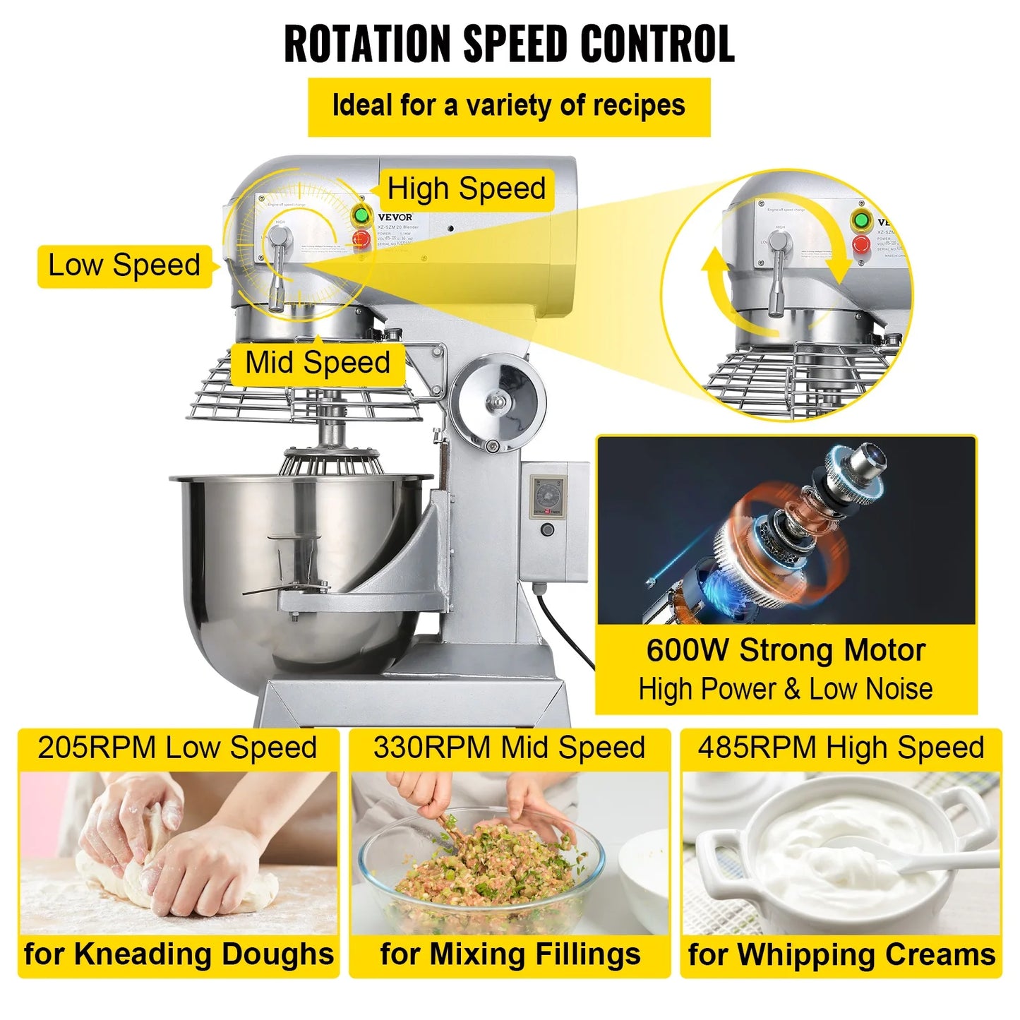 Commercial Food Mixer 15Qt 600W 3 Speeds Adjustable 110/178/390 RPM