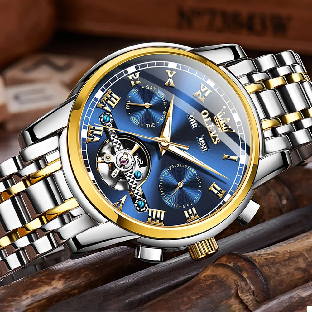 Waterproof Stainless Steel Strap Watch for Man Skeleton Calendar