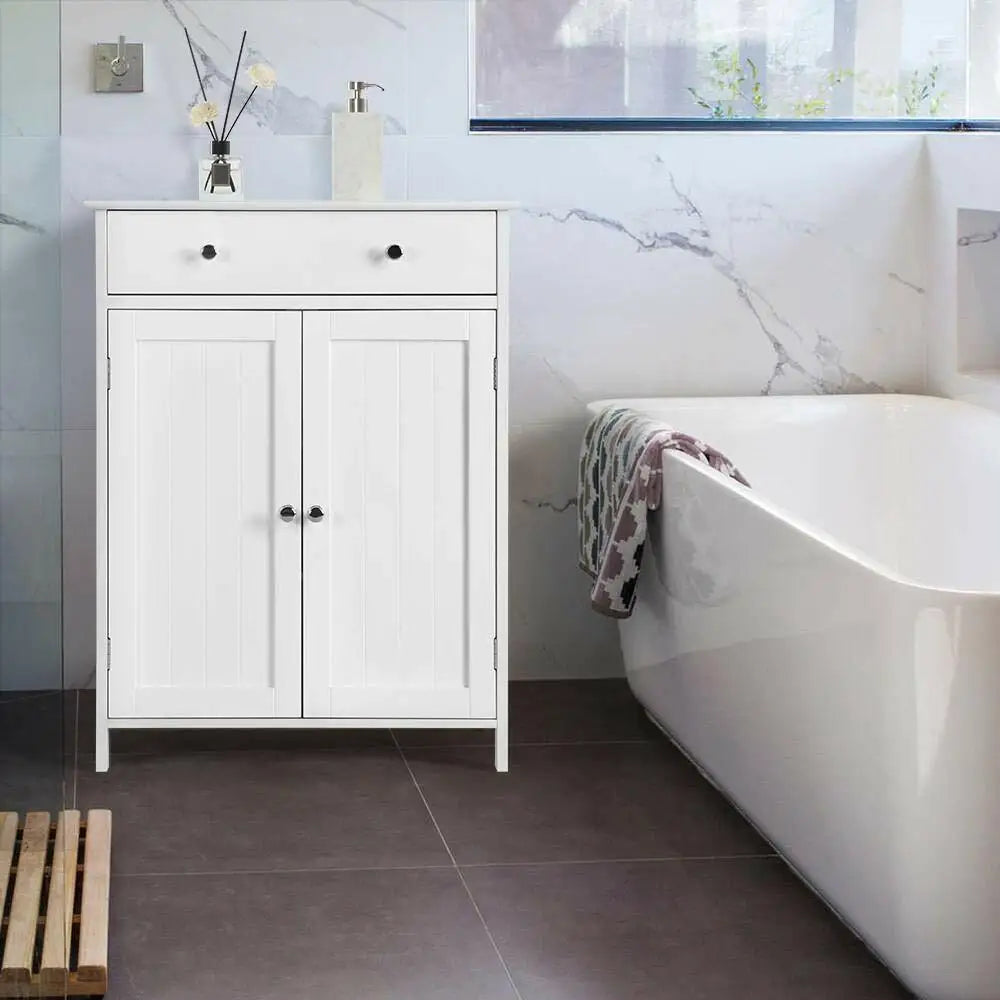 White Wooden Bathroom Floor Cabinet Storage Cupboard