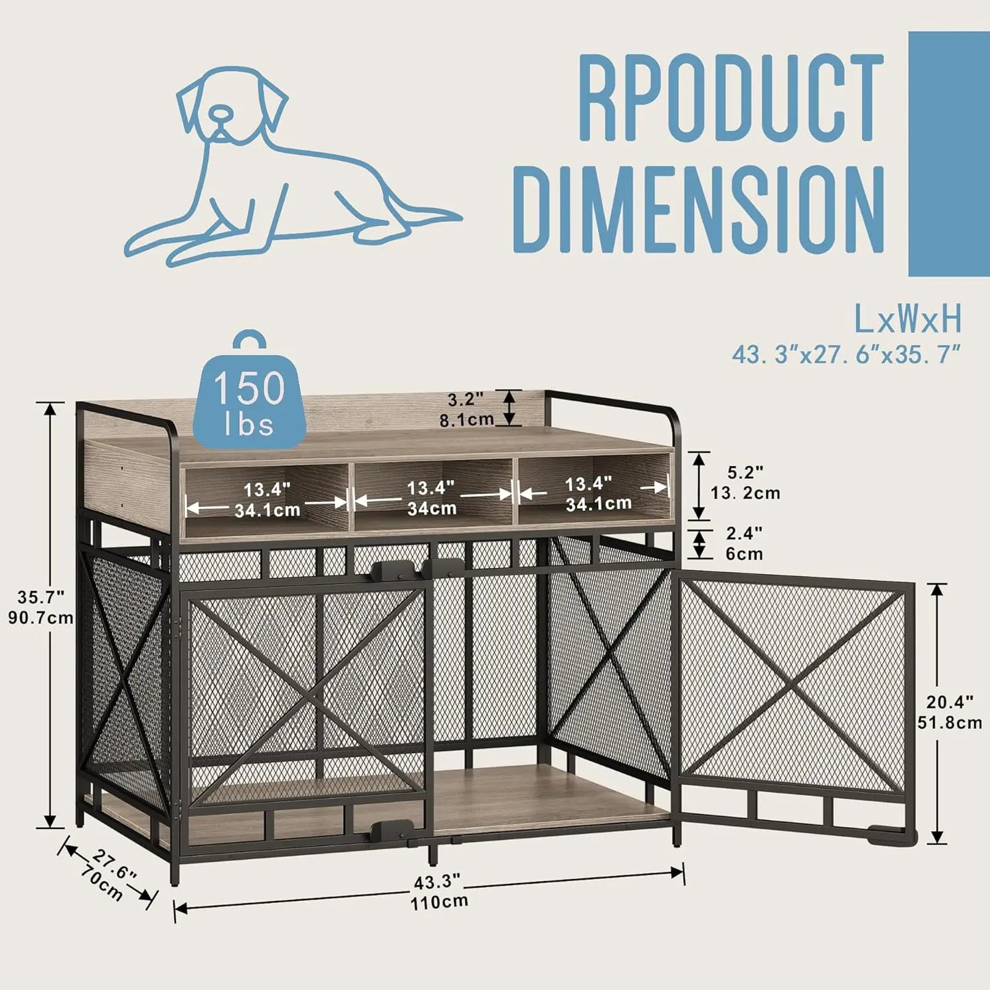 43 Inch Dog Kennel with 3 Drawers,Heavy Duty Crate,Decorative Pet