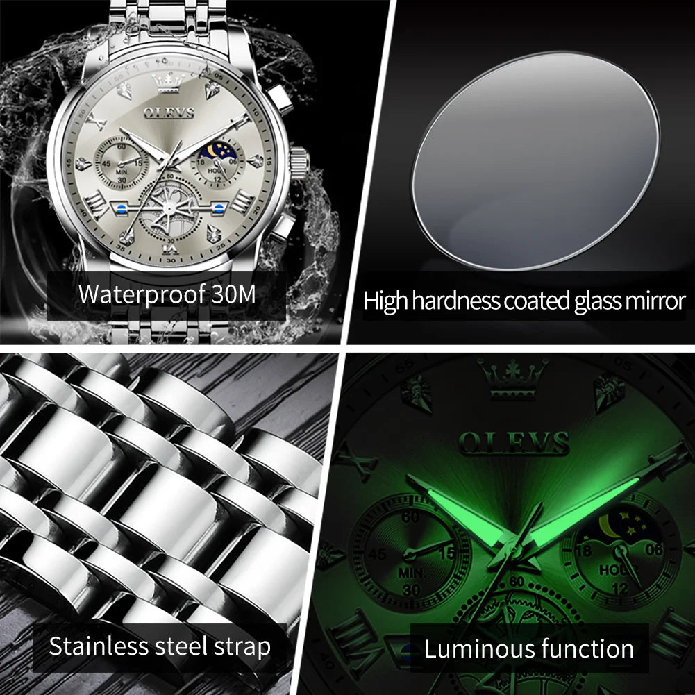 Moon Phase Waterproof Luminous Quartz Wrist Watch for Men Luxury Brand Man Watch