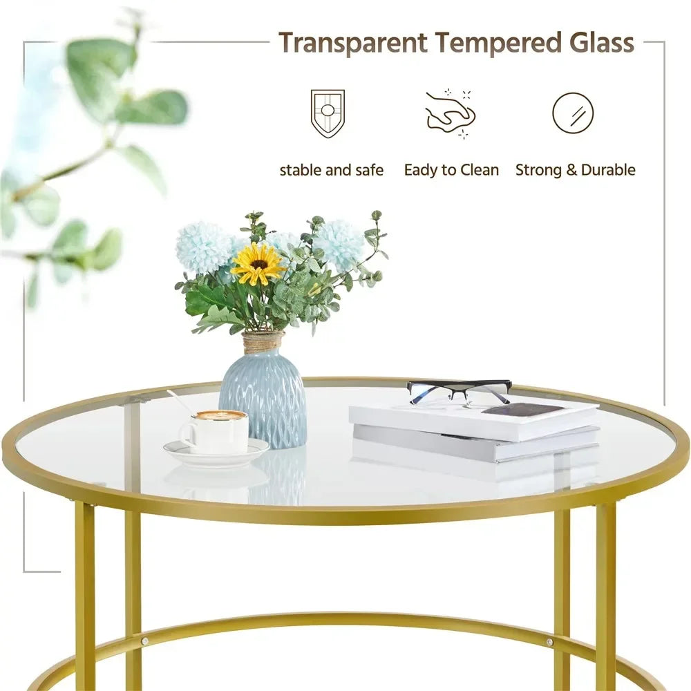 Sofa Table for Living Room Gold Round Modern Glass-Top Coffee Table