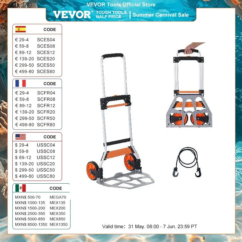 VEVOR 176/275/309 lbs Folding Hand Truck Portable Cart Dolly with Telescoping Handle and Binding Rope for Moving Warehouse