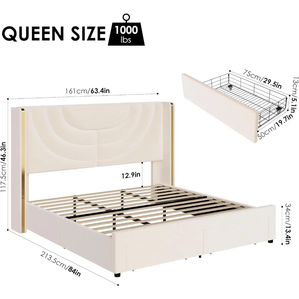 Solid Wooden Slats Support, No Box Spring Needed, Queen Bed Frame