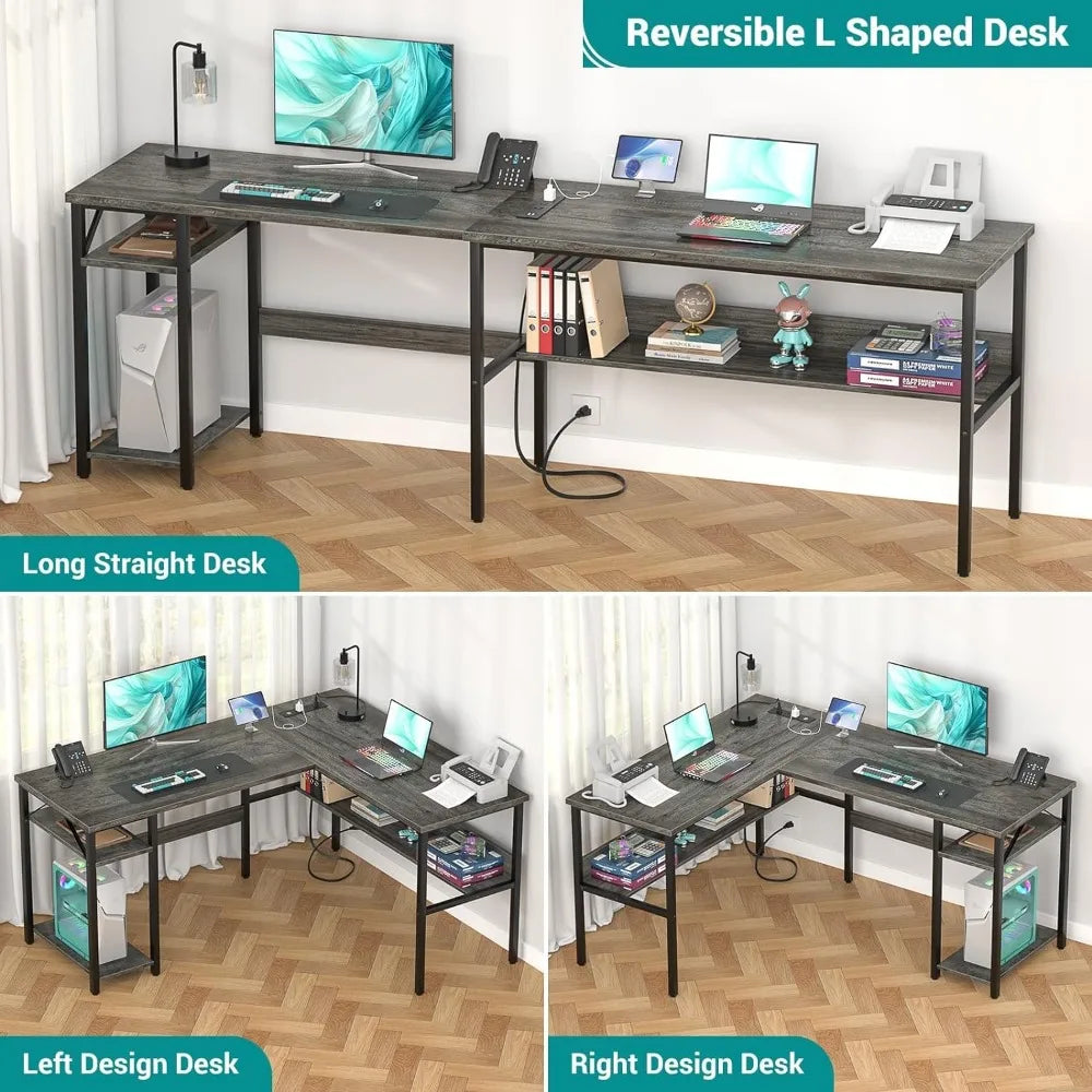 Reversible L Shaped Gaming Desk with Power Outlets and USB Charging Ports