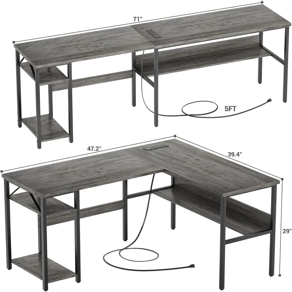 Reversible L Shaped Gaming Desk with Power Outlets and USB Charging Ports