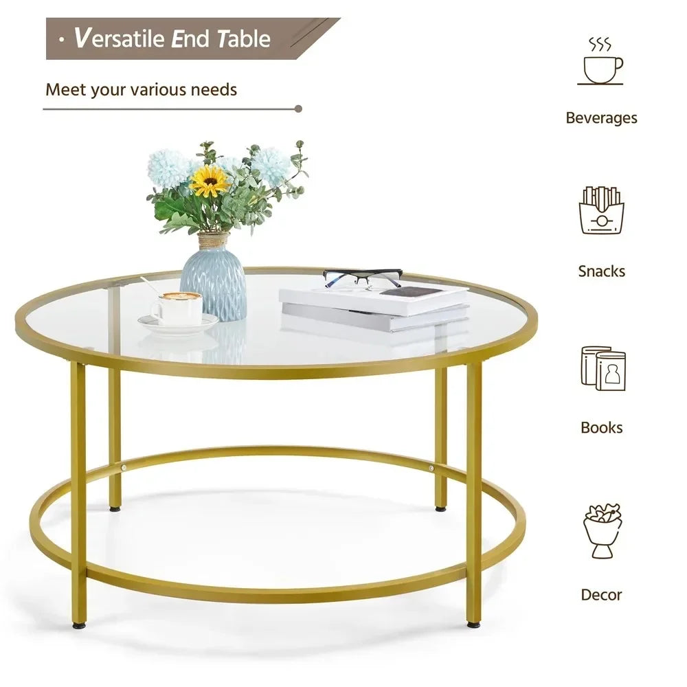 Sofa Table for Living Room Gold Round Modern Glass-Top Coffee Table