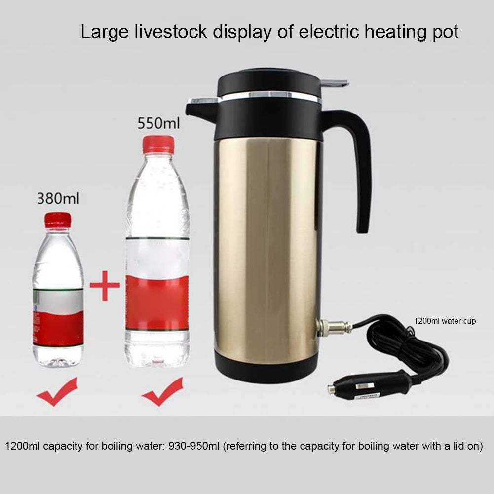 12V 24V 750ML/1200ML Car Heating Cup Stainless Steel Electric Kettle Water Coffee Milk Thermal Mug for Home Car Winter Travel