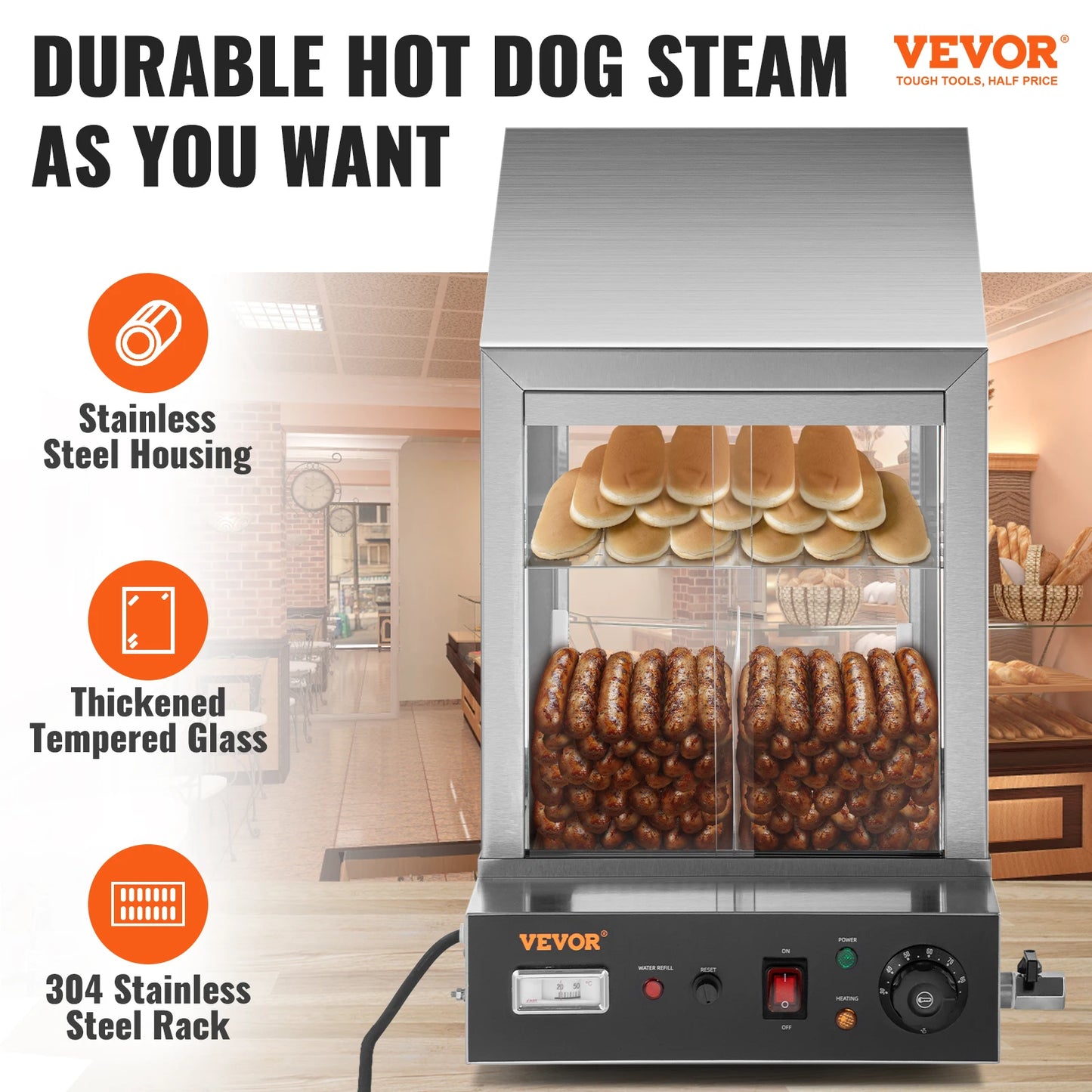 VEVOR Hot Dog Machine, 36 L, 2-Tier Hot Dog Steamer for 200 Hotdogs & 42 Buns