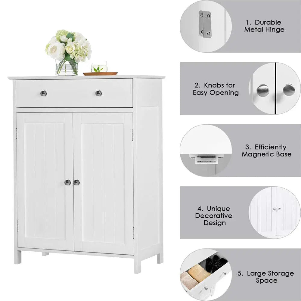 White Wooden Bathroom Floor Cabinet Storage Cupboard